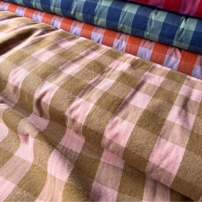 Pale pink and light brown yarn dyed gingham check cotton, 145cm wide — Oeko-Tex certified slow fashion fabric for women's dressmaking, shirt making and handmade summer wardrobe