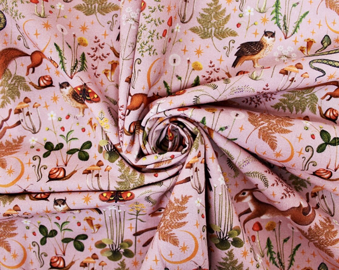 Pink autumn printed animal woodland cotton fabric. 100% cotton, sold in 1/2 meters.