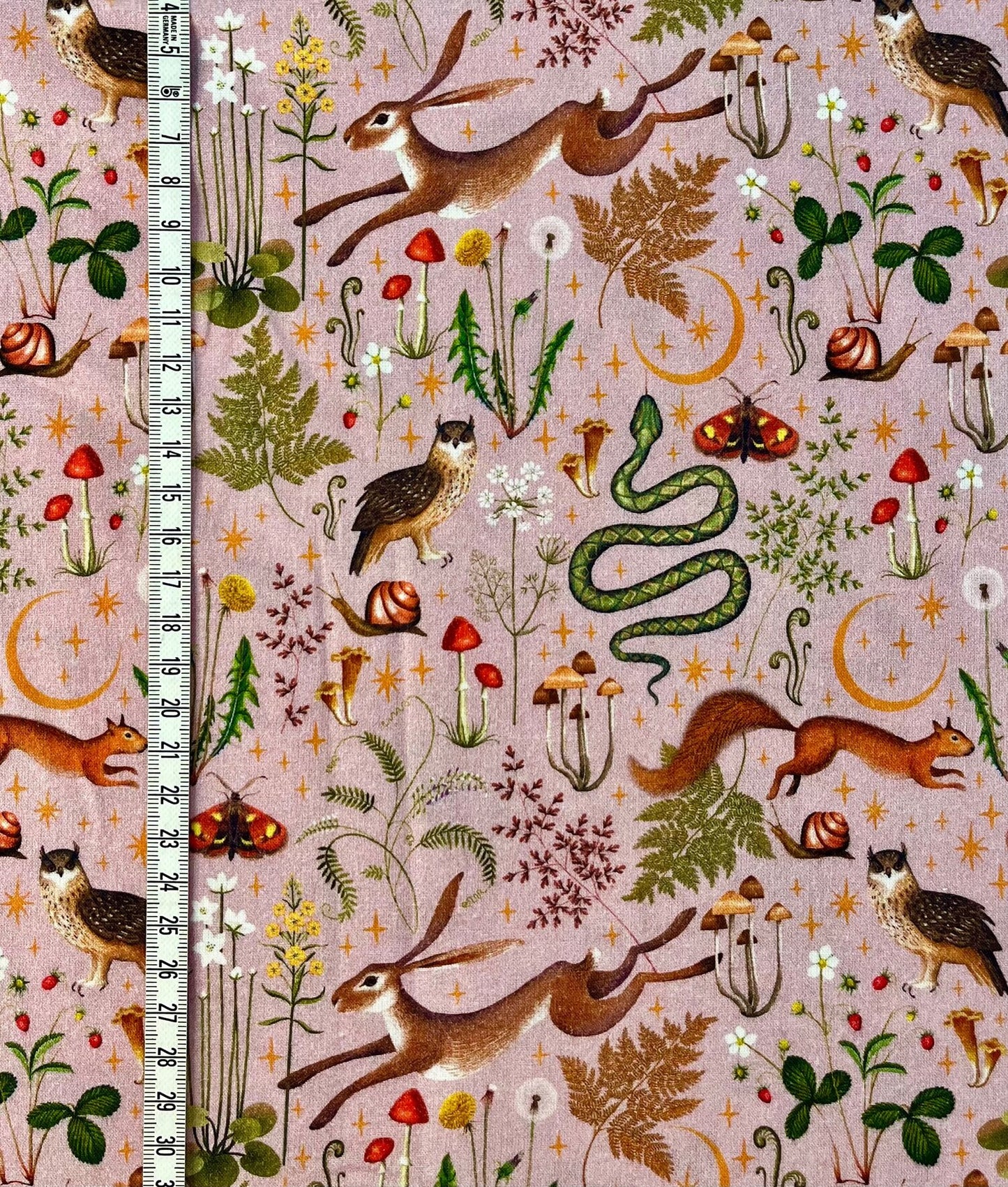 Pink autumn printed animal woodland cotton fabric. 100% cotton, sold in 1/2 meters.
