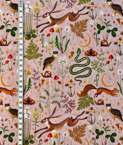 Pink autumn printed animal woodland cotton fabric. 100% cotton, sold in 1/2 meters.