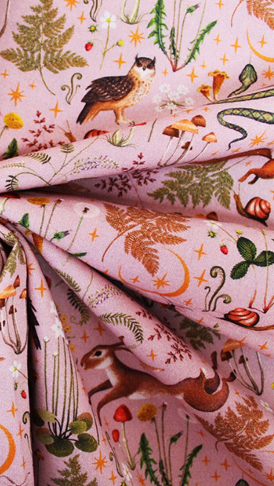 Pink autumn printed animal woodland cotton fabric. 100% cotton, sold in 1/2 meters.