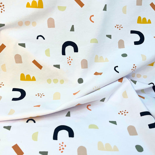 Soft Abstract Modern Print Stretch Jersey Fabric, clean bright white base.