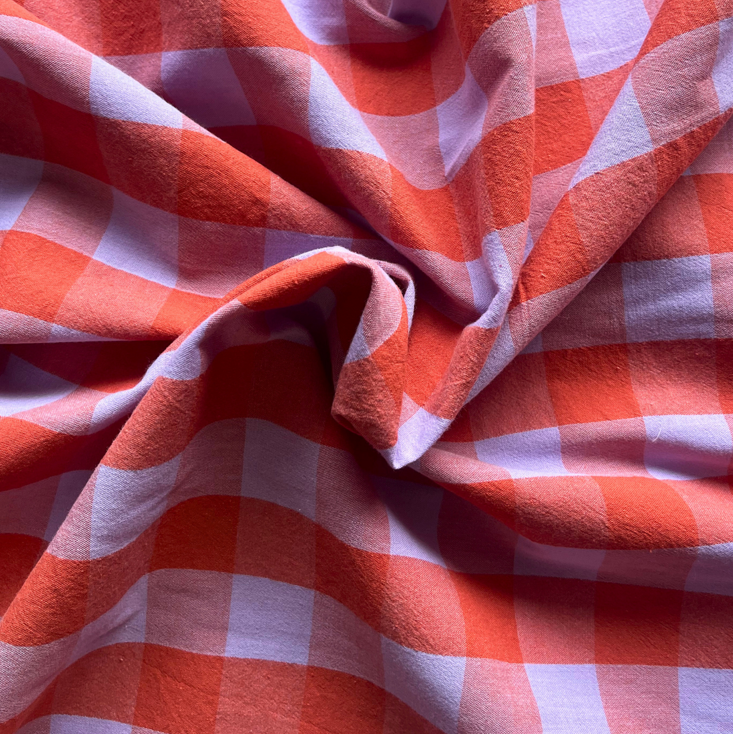Yarn dyed burnt orange and lavender gingham check cotton fabric, 3cm square check, 145cm wide — Oeko-Tex certified 100% cotton woven fabric for handmade women's statement dresses, blouses and co-ord sets