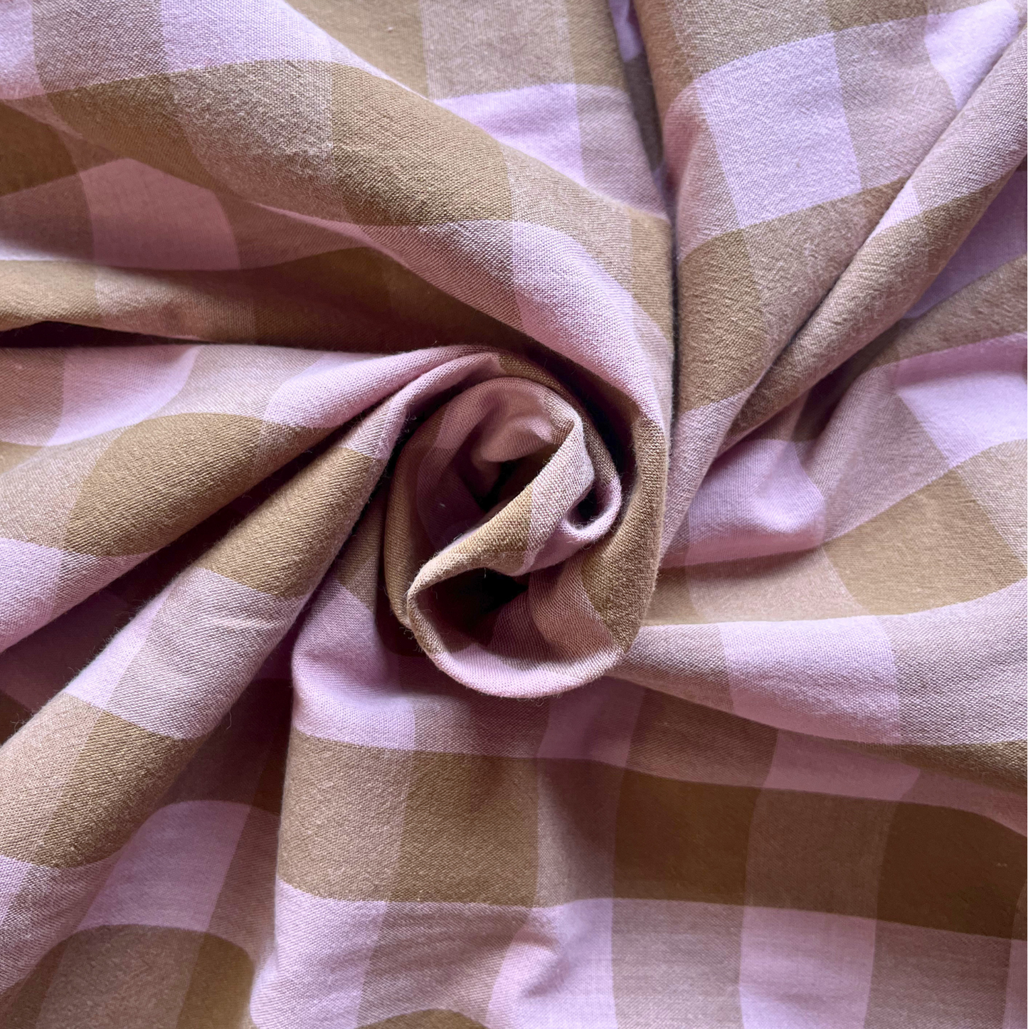 Yarn dyed pale pink and light brown gingham check cotton fabric, 3cm square check, 145cm wide — Oeko-Tex certified 100% cotton woven fabric for handmade dresses, blouses and making beyond nine style clothing