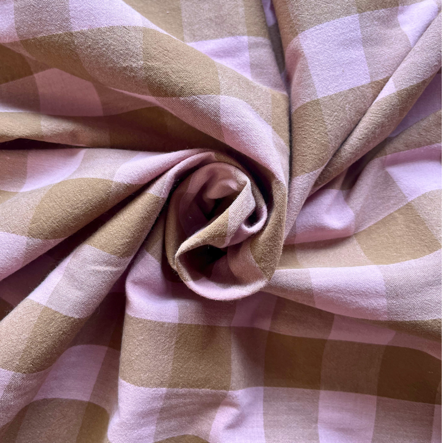 Yarn dyed pale pink and light brown gingham check cotton fabric, 3cm square check, 145cm wide — Oeko-Tex certified 100% cotton woven fabric for handmade dresses, blouses and making beyond nine style clothing