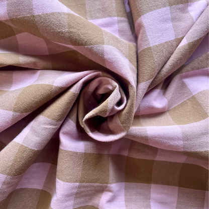 Yarn dyed pale pink and light brown gingham check cotton fabric, 3cm square check, 145cm wide — Oeko-Tex certified 100% cotton woven fabric for handmade dresses, blouses and making beyond nine style clothing