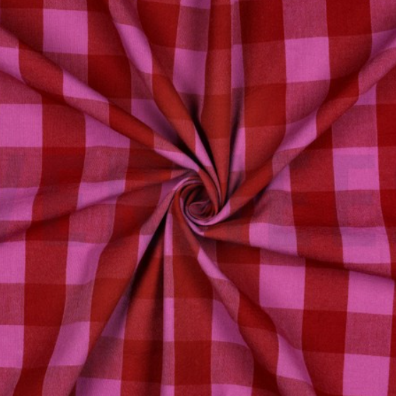 Yarn dyed red and cerise pink gingham check cotton fabric, 3cm square check, 145cm wide — Oeko-Tex certified 100% cotton woven fabric for handmade children's dresses, blouses and beyond nine inspired trousers