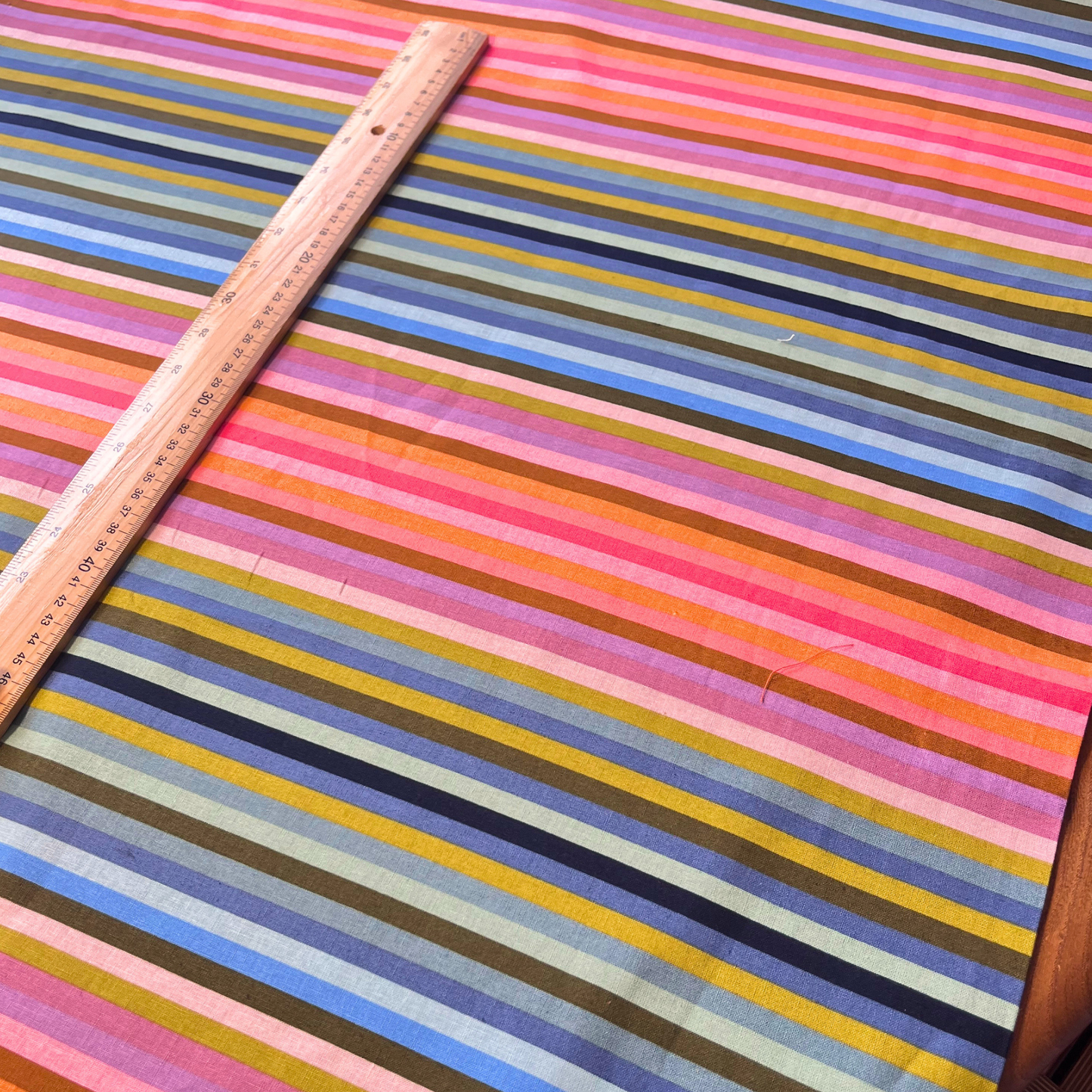AGF Starling Maureen Cracknell rainbow striped linen blend fabric 1cm stripes 30cm repeat — 165gsm 55% linen 45% cotton woven 142cm wide Oeko-Tex certified for handmade dresses blouses and wide-leg trousers