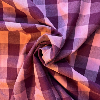 Yarn dyed cotton gingham fabric aubergine and pale pink 3cm check — Oeko-Tex certified 100% cotton woven 135gsm for slow fashion sewing children's clothing autumn dressmaking and handmade accessories