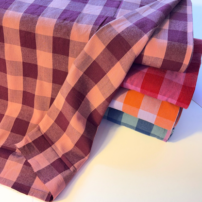 Aubergine and pale pink yarn dyed gingham check cotton fabric 3cm square check 145cm wide — 135gsm woven dressmaking fabric Oeko-Tex certified for handmade blouses dresses and children's clothing