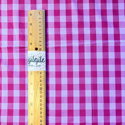 Yarn dyed cotton gingham fabric berry pink and pale blue 1.75cm check — Oeko-Tex certified 100% cotton woven 115gsm for slow fashion sewing children's clothing baby gifts and handmade accessories