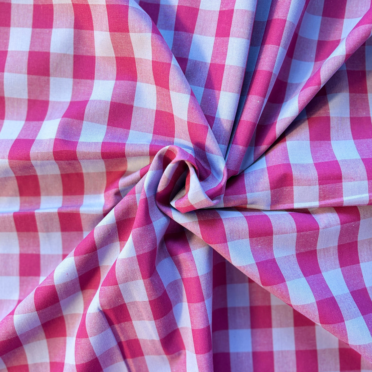 Berry pink and pale blue yarn dyed gingham check cotton fabric 1.75cm check 145cm wide — 115gsm woven dressmaking fabric Oeko-Tex certified for handmade blouses dresses and children's clothing 