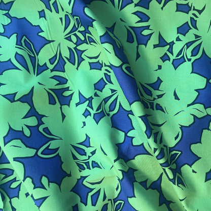 Blue and emerald green bold stencil floral cotton poplin fabric with tonal monochromatic abstract print — Oeko-Tex Standard 100 certified 100% cotton woven for slow fashion dressmaking and statement handmade garments