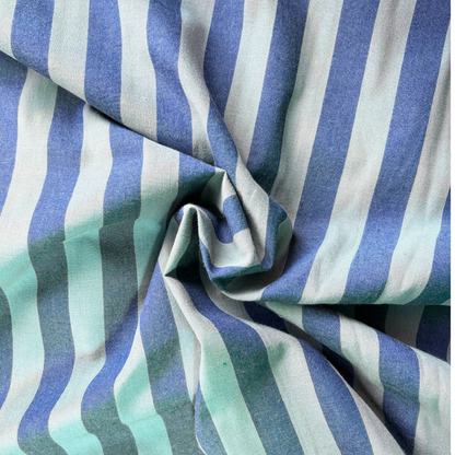 Blue and teal green yarn dyed stripe cotton fabric 2.2cm vertical stripe 145cm wide — 135gsm woven dressmaking fabric Oeko-Tex certified for handmade blouses dresses and children's clothing