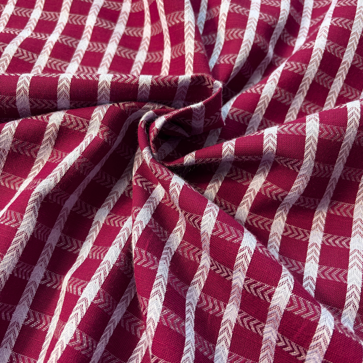Burgundy and lilac dobby check cotton fabric 1.8cm woven grid repeat 145cm wide — 135gsm raised texture woven dressmaking fabric for handmade blouses dresses and women's clothing