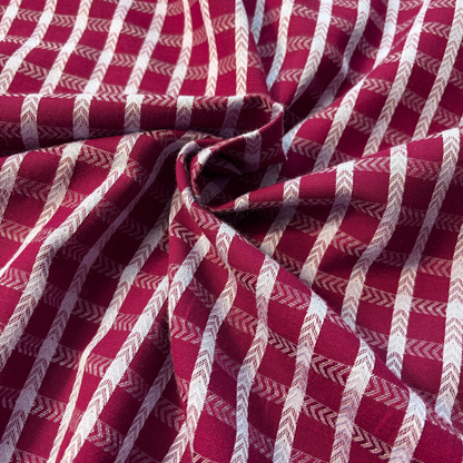 Burgundy and lilac dobby check cotton fabric 1.8cm woven grid repeat 145cm wide — 135gsm raised texture woven dressmaking fabric for handmade blouses dresses and women's clothing