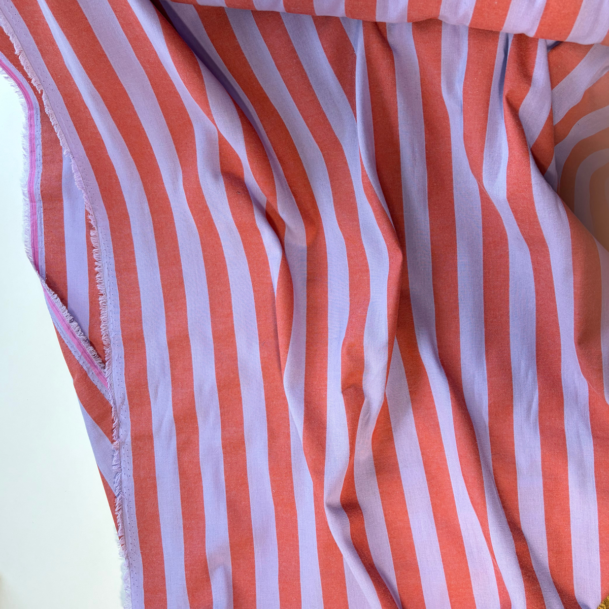 Burnt orange and lavender yarn dyed stripe cotton fabric 2.2cm vertical stripe 145cm wide — 135gsm woven dressmaking fabric Oeko-Tex certified for handmade blouses dresses and children's clothing