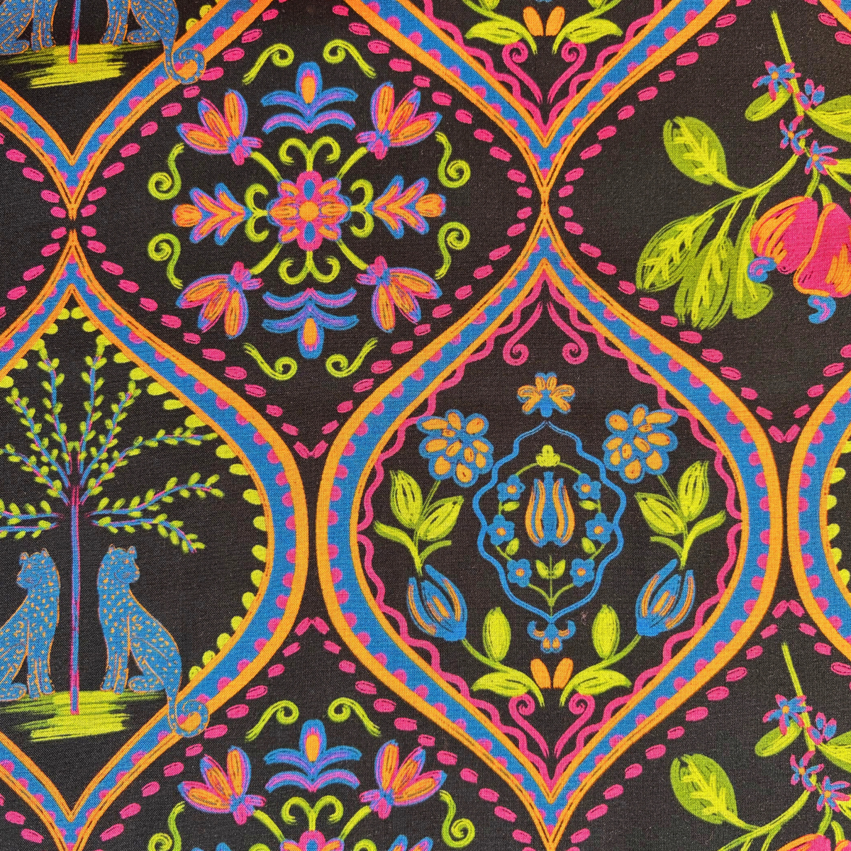 Digital bohemian tropical viscose fabric in black with leopard palm and exotic motifs in hot pink purple cobalt blue and orange — 100% viscose 110gsm fluid woven for slow fashion dressmaking and flowing silhouettes