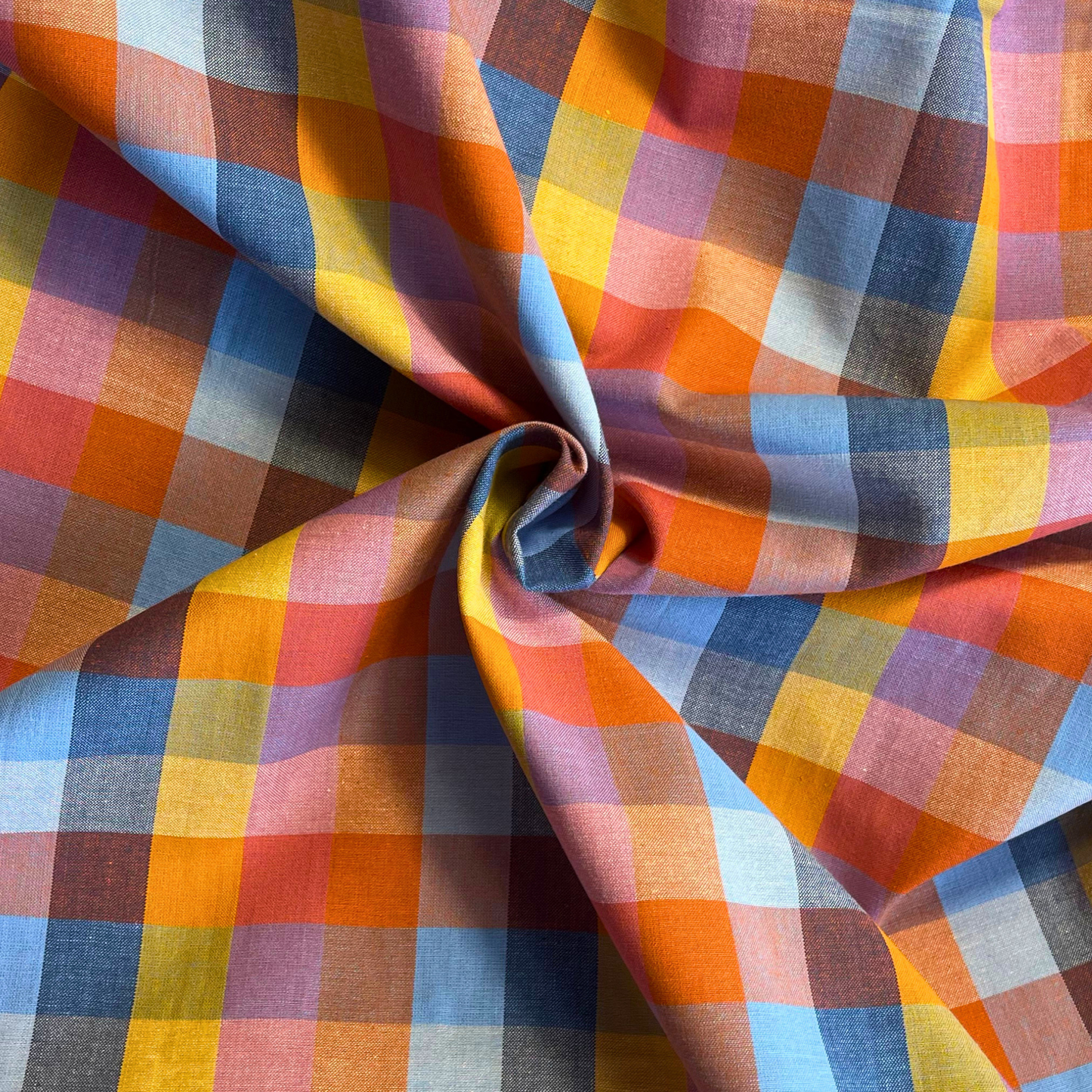 Fableism Cornucopia Happy Checkers fabric in yellow orange blue and pink multicolour 3cm gingham check — 135gsm 100% cotton woven from Fine and Dandy collection for handmade dresses blouses and wide-leg trousers