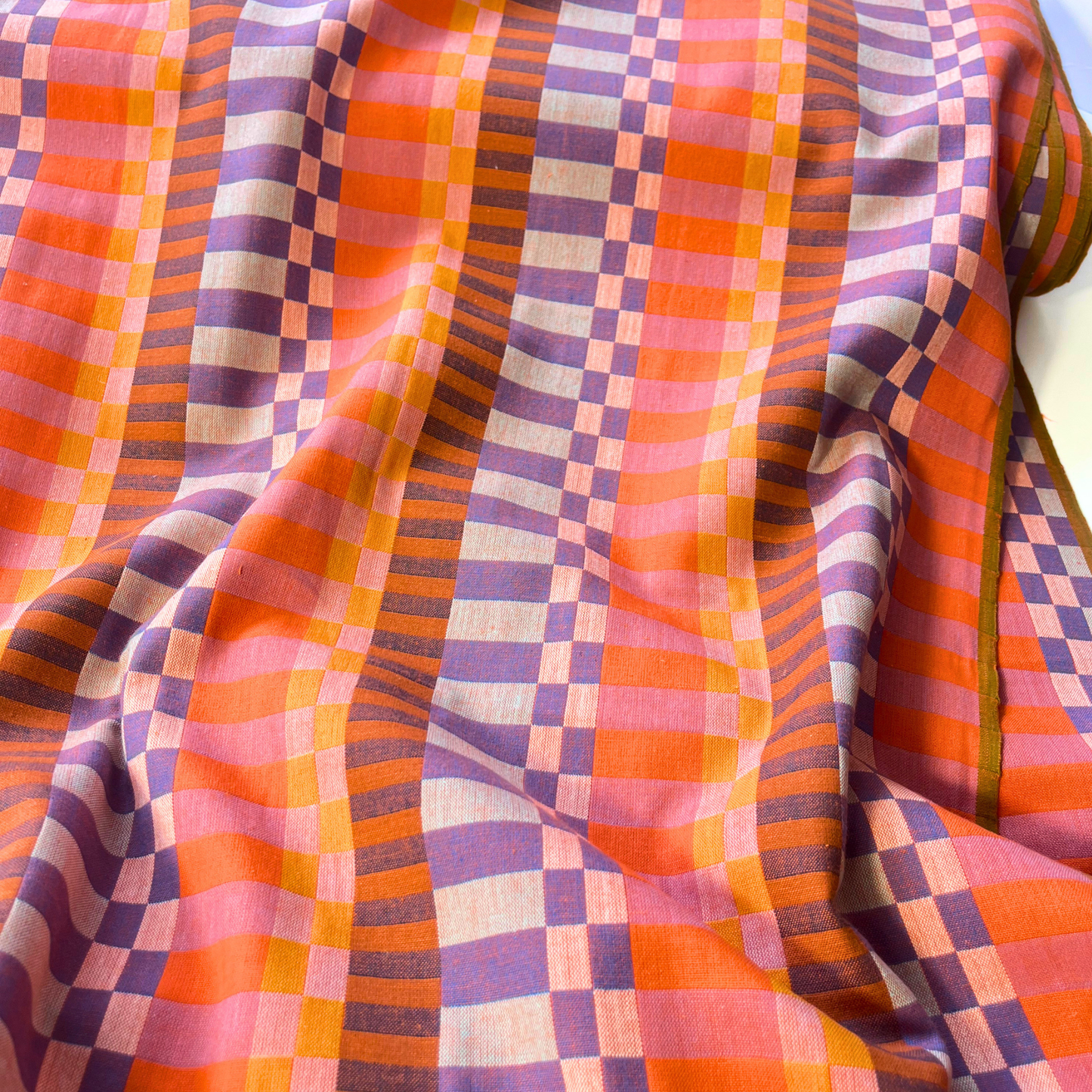 Fableism broken stripe cotton fabric in orange blue lilac ochre and pink 240gsm heavyweight woven — Fine and Dandy collection slow fashion dressmaking fabric for dresses trousers and lightweight jackets