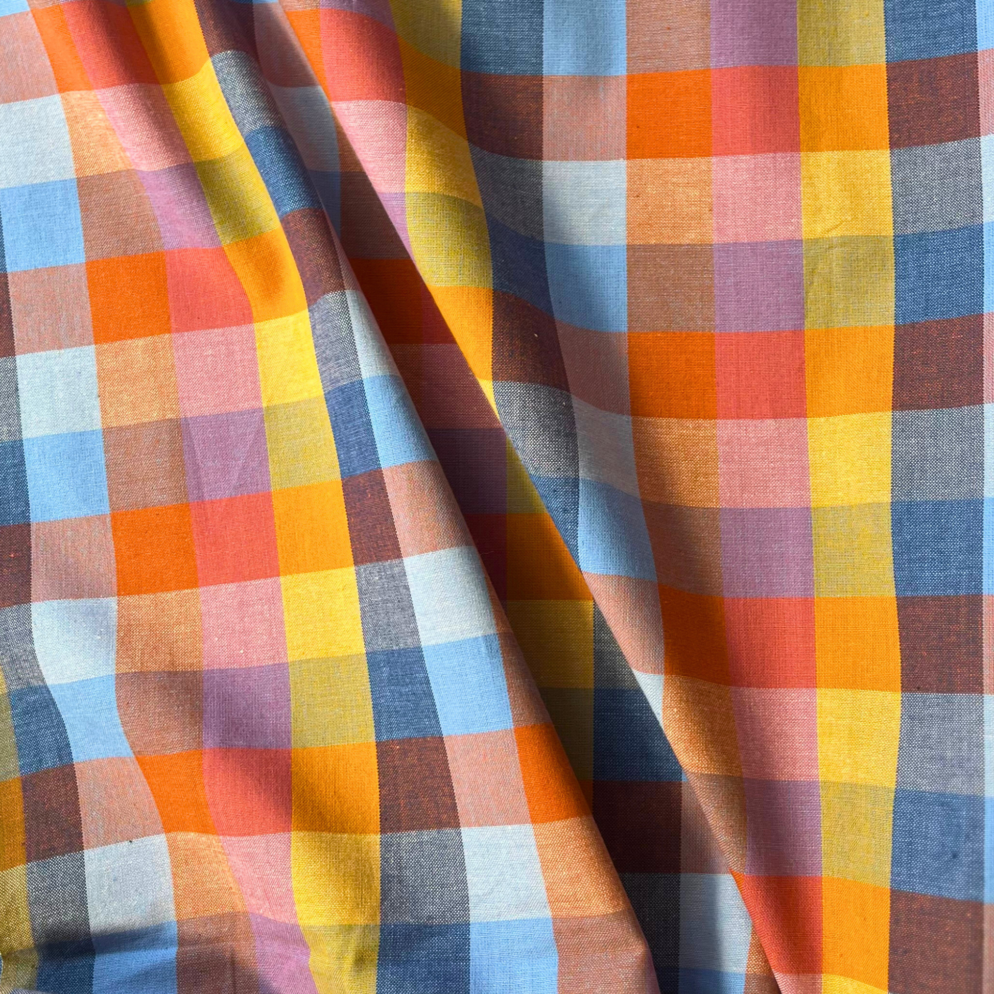 Fableism Cornucopia Happy Checkers multicolour gingham cotton fabric in yellow orange blue and pink 3cm check — Fine and Dandy collection 135gsm woven dressmaking fabric for year round slow fashion sewing