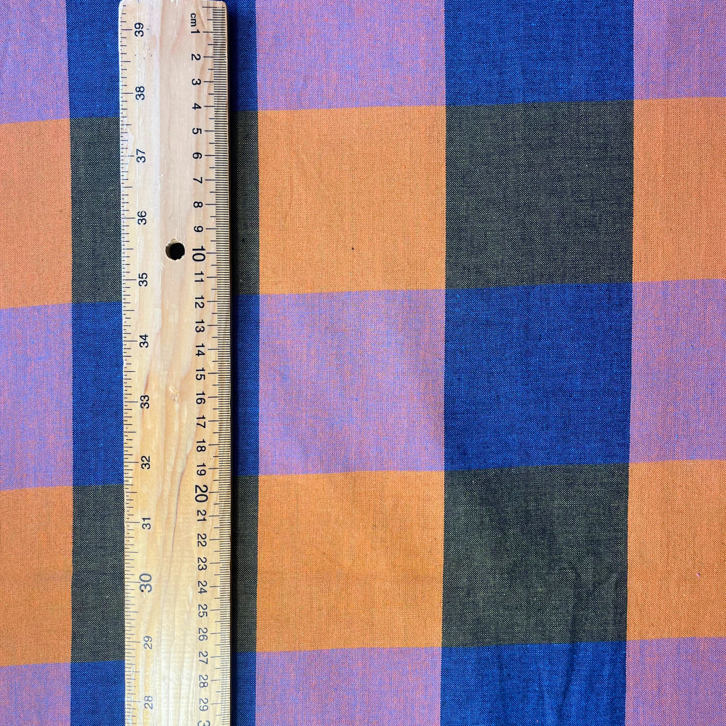 Fableism Happy Checkers giant check cotton fabric in cobalt blue khaki orange and pinky lilac 7.5cm square — Fine and Dandy collection 135gsm woven dressmaking fabric for slow fashion blouses skirts and shirts