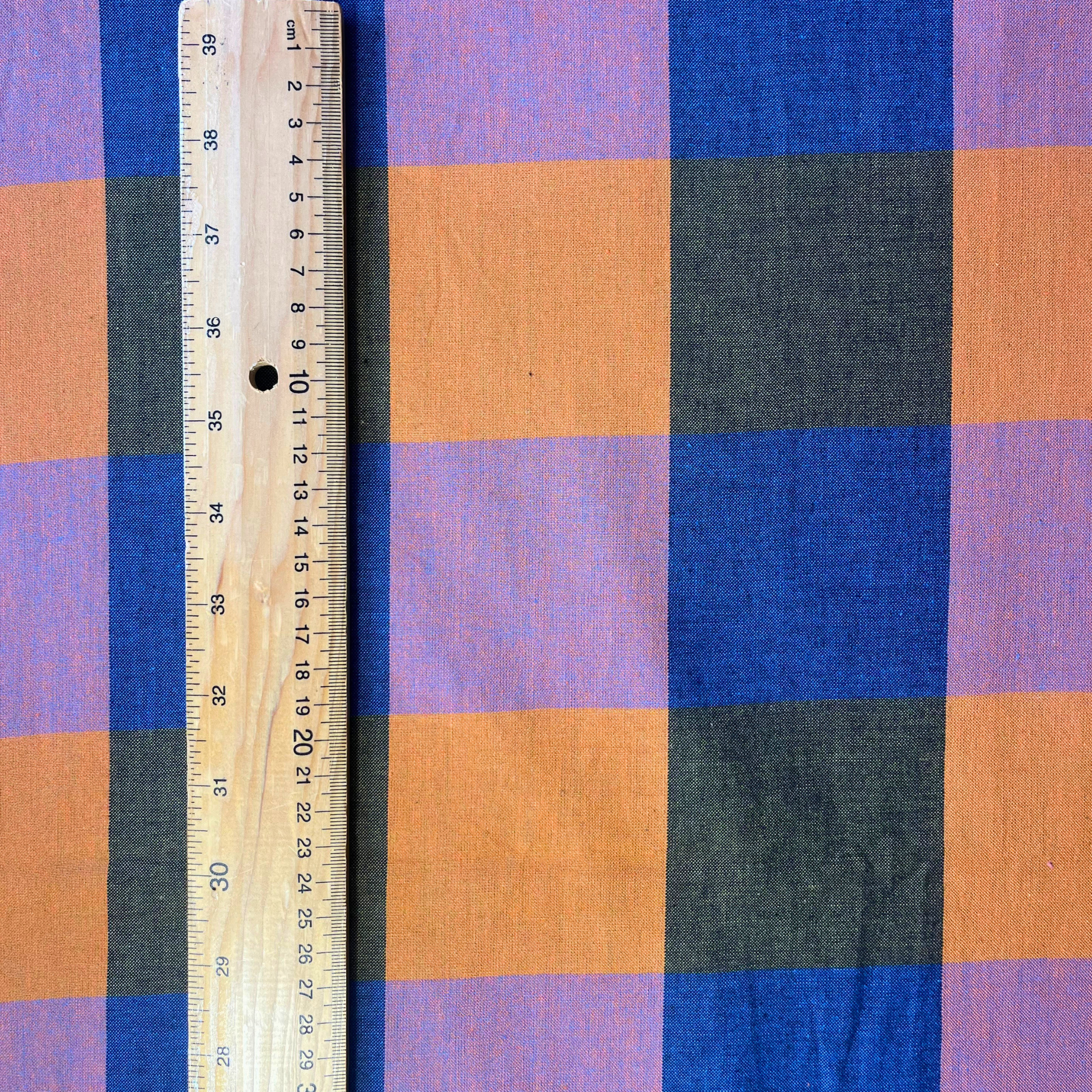 Fableism Happy Checkers giant check cotton fabric in cobalt blue khaki orange and pinky lilac 7.5cm square — Fine and Dandy collection 135gsm woven dressmaking fabric for slow fashion blouses skirts and shirts