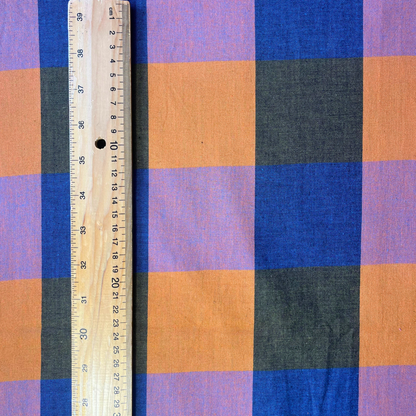 Fableism Happy Checkers giant check cotton fabric in cobalt blue khaki orange and pinky lilac 7.5cm square — Fine and Dandy collection 135gsm woven dressmaking fabric for slow fashion blouses skirts and shirts