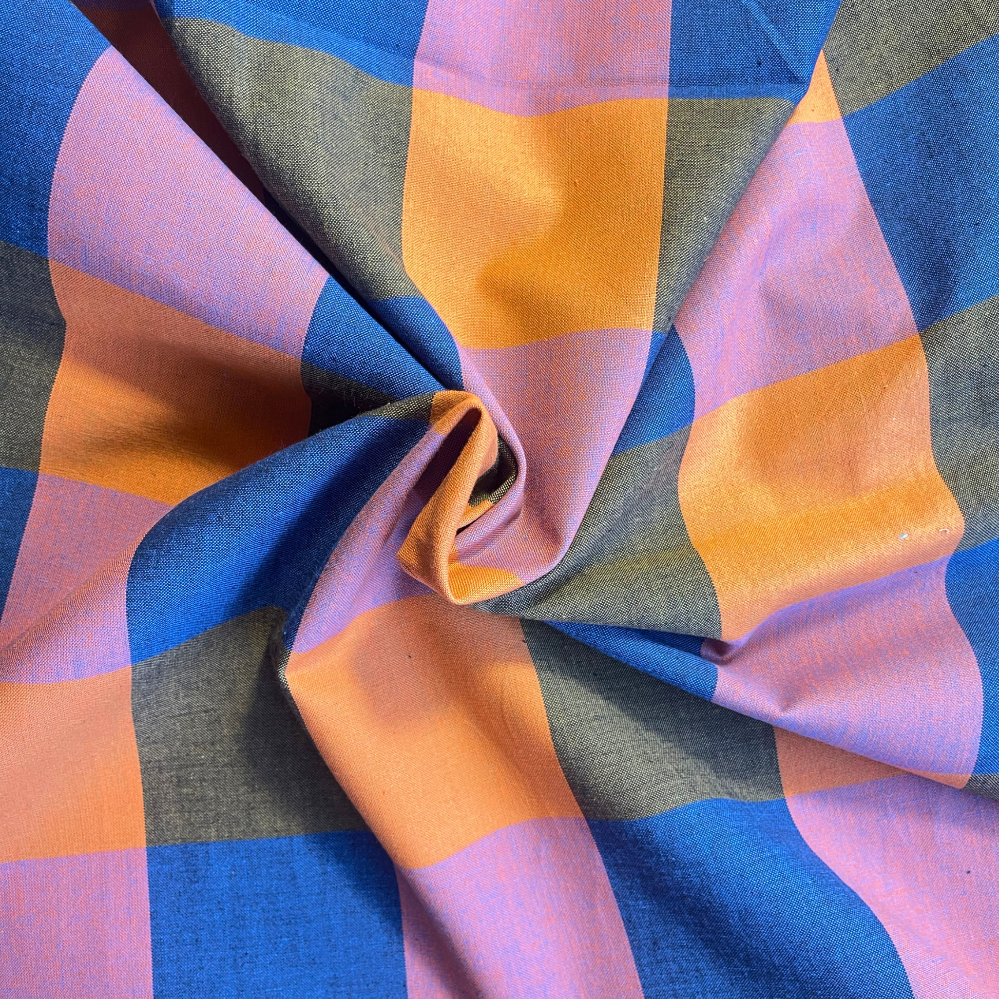 Fableism Happy Checkers Suit 3 fabric in cobalt blue khaki brown orange and pinky lilac giant 7.5cm check — 135gsm 100% cotton woven from Fine and Dandy collection for handmade dresses blouses and wide-leg trousers