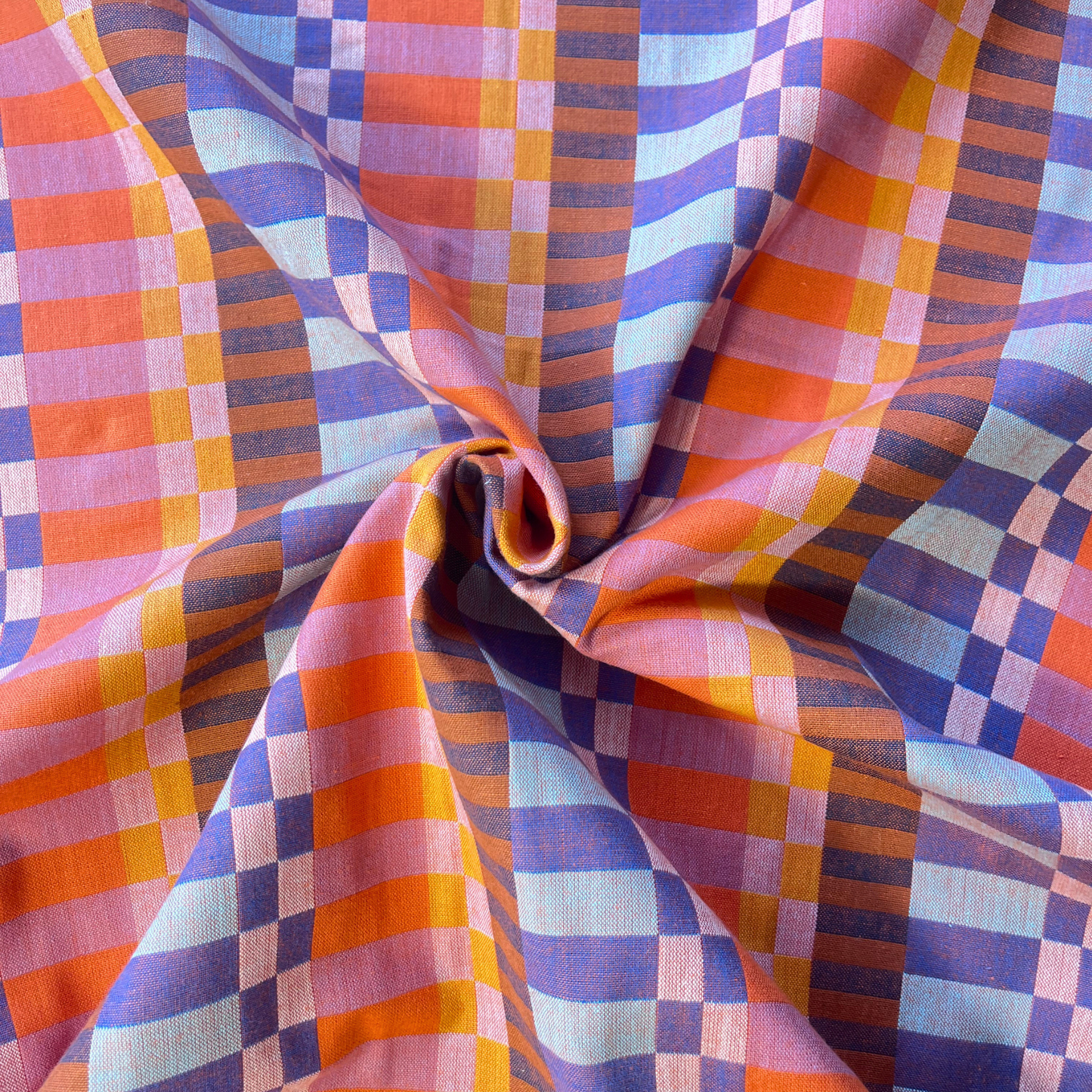 Fableism Plenty Broken Stripes fabric in orange with blue lilac ochre pink mint and lavender broken stripe — 240gsm 100% cotton woven from Fine and Dandy collection for autumn winter dressmaking