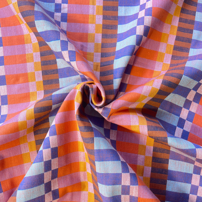 Fableism Plenty Broken Stripes fabric in orange with blue lilac ochre pink mint and lavender broken stripe — 240gsm 100% cotton woven from Fine and Dandy collection for autumn winter dressmaking