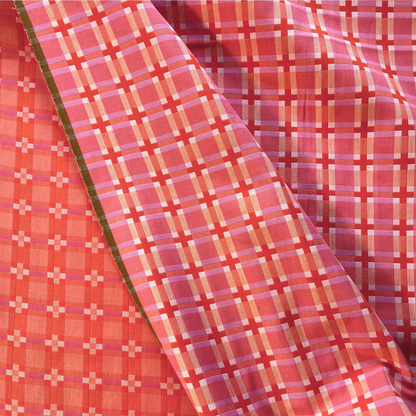 Fableism Summer Decked Out pink cream and burnt orange grid check cotton fabric 3.5cm repeat — Fine and Dandy collection 240gsm heavyweight woven dressmaking fabric for slow fashion year round sewing