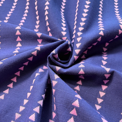 Indigo blue and lilac yarn dyed dobby triangle stripe cotton fabric vertical mini triangle woven pattern 145cm wide — 135gsm textured woven dressmaking fabric for handmade blouses dresses and soft trousers