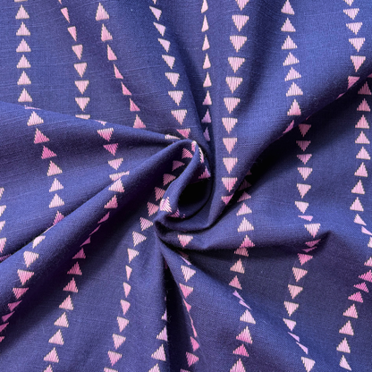 Indigo blue and lilac yarn dyed dobby triangle stripe woven cotton fabric — 135gsm 100% cotton reversible cut direction textured woven for slow fashion dressmaking blouses shirts and dresses