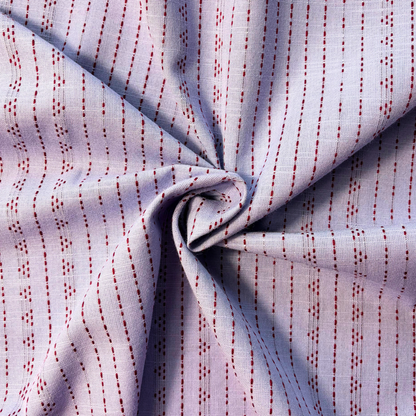 Lilac and burgundy yarn dyed dobby stripe cotton fabric vertical dot and dash woven pattern 145cm wide — 135gsm textured woven dressmaking fabric for handmade blouses dresses and autumnal makes