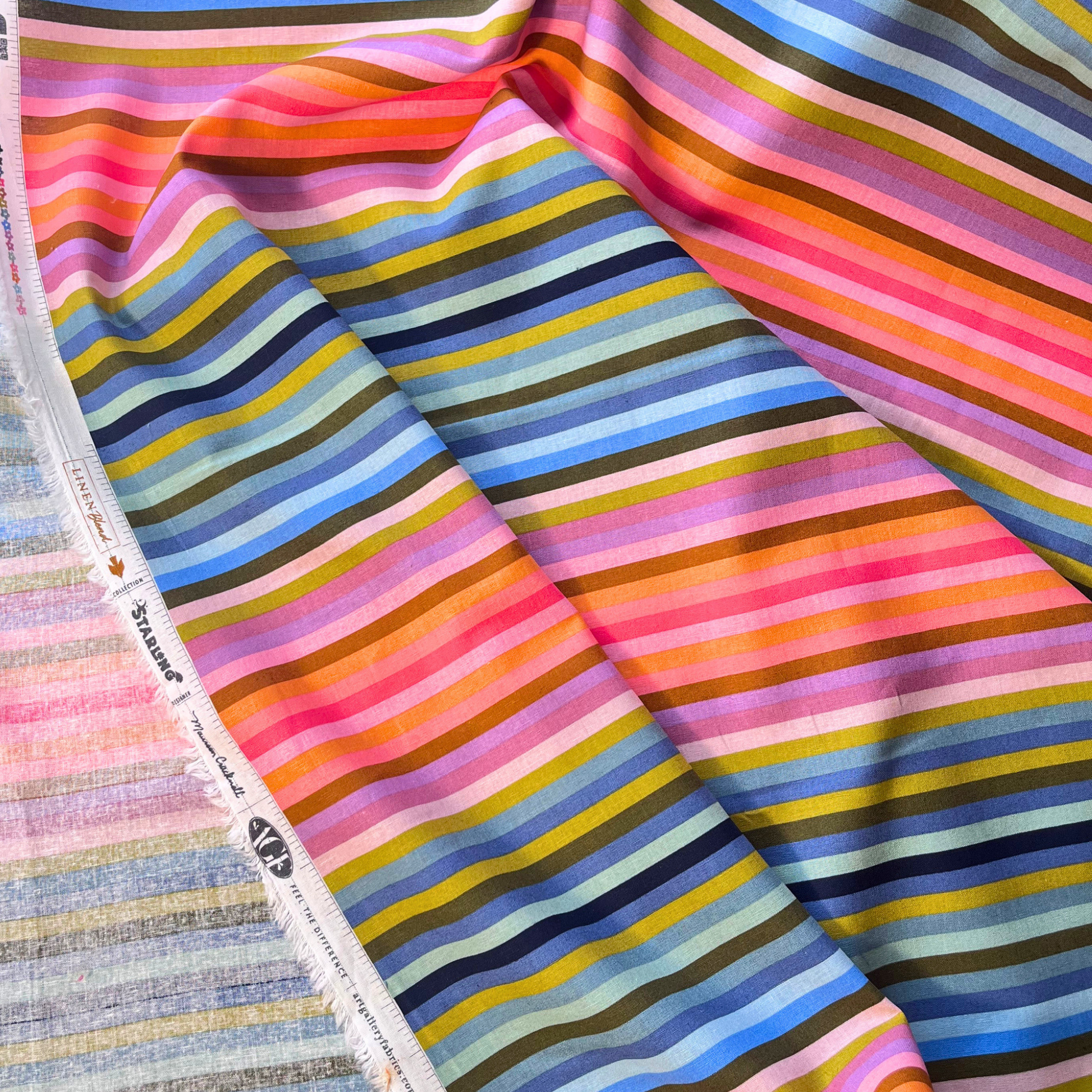 Art Gallery Fabrics Starling rainbow stripe linen cotton fabric 1cm stripes in full spectrum colourway — Oeko-Tex certified 165gsm woven linen blend for slow fashion dressmaking blouses lightweight jackets and transitional makes