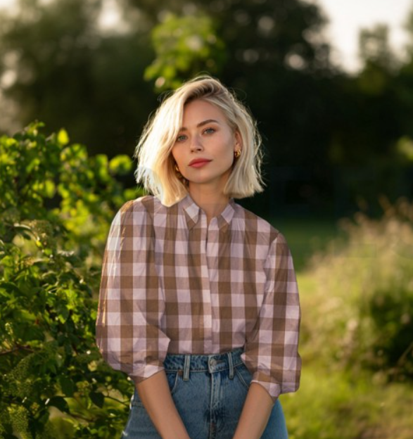 woman model wearing a mock up of yarn dyed gingham fabric showing scale