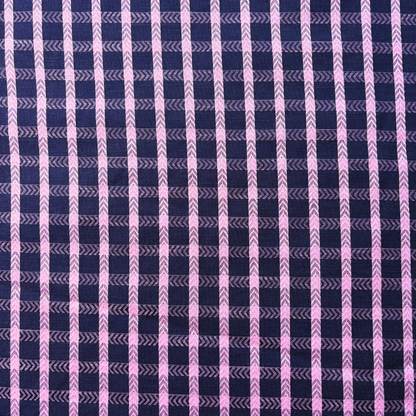 Navy pop pink dobby check cotton fabric flat lay showing 135gsm natural drape and generous 145cm width — raised woven grid check perfect for handmade dresses blouses and children's pinafores