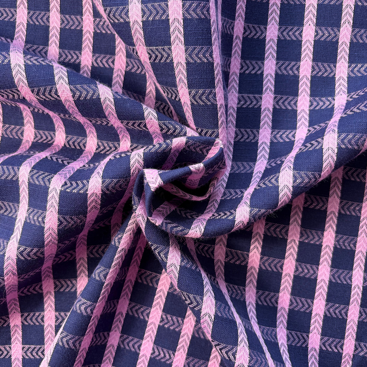 Navy and pop pink dobby check cotton fabric 1.8cm woven grid repeat 145cm wide — 135gsm raised texture woven dressmaking fabric for handmade blouses dresses and children's clothing