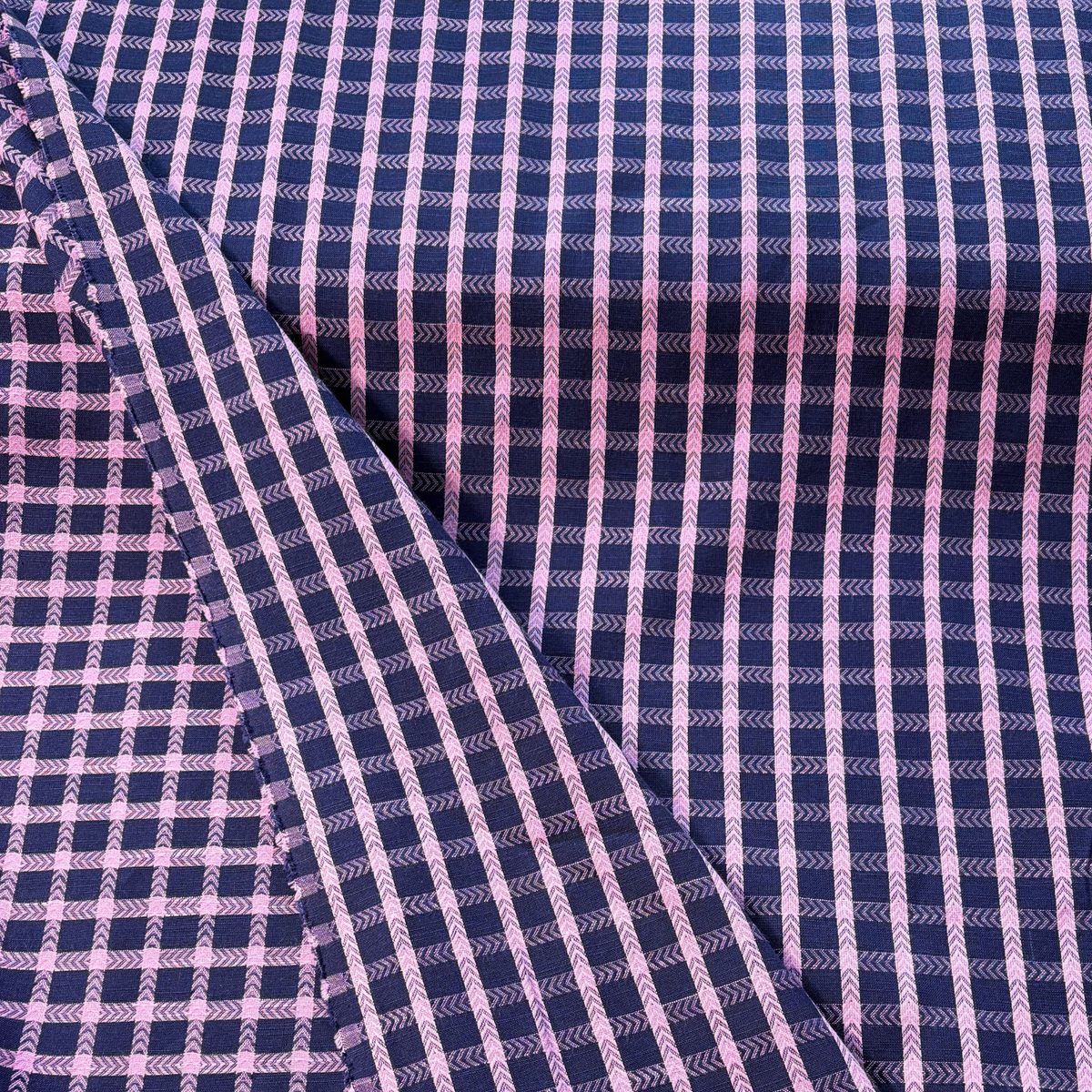 Navy and pop pink woven dobby grid check cotton fabric 1.8cm repeat — 135gsm 100% cotton textured woven for slow fashion dressmaking children's clothing and handmade accessories