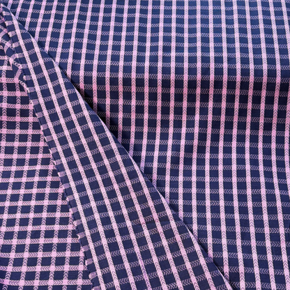 Navy and pop pink woven dobby grid check cotton fabric 1.8cm repeat — 135gsm 100% cotton textured woven for slow fashion dressmaking children's clothing and handmade accessories