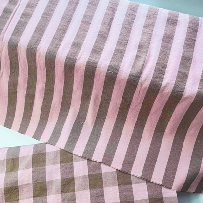 Pale pink and light brown yarn dyed stripe cotton fabric 3cm vertical stripe 145cm wide — 135gsm woven dressmaking fabric Oeko-Tex certified for women's handmade blouses dresses and children's clothing
