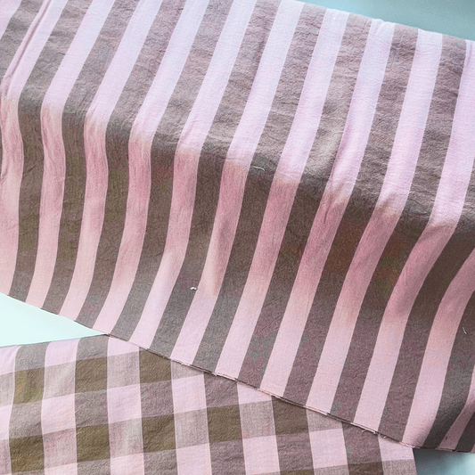 Pale pink and light brown yarn dyed stripe cotton fabric 3cm vertical stripe 145cm wide — 135gsm woven dressmaking fabric Oeko-Tex certified for women's handmade blouses dresses and children's clothing