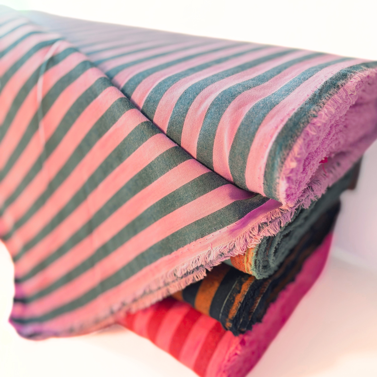Yarn dyed cotton stripe fabric washed pink and petrol blue 1.25cm — Oeko-Tex certified 100% cotton woven 115gsm for slow fashion sewing children's clothing and handmade dressmaking