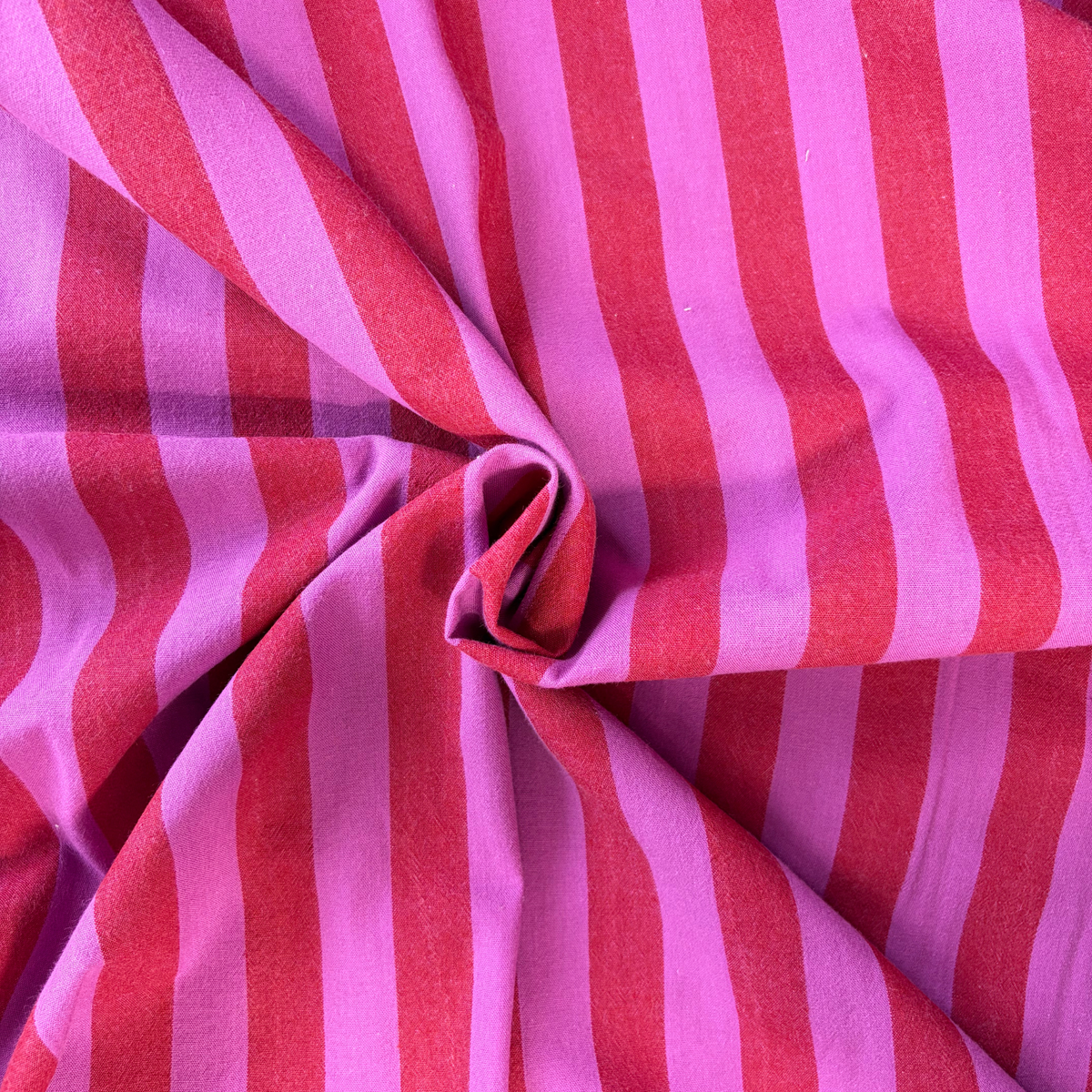 Red and cerise pink yarn dyed stripe cotton fabric 2.2cm vertical stripe 145cm wide — 135gsm woven dressmaking fabric Oeko-Tex certified for handmade blouses dresses and children's clothing