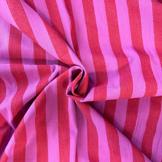 Red and cerise pink yarn dyed stripe cotton fabric 2.2cm vertical stripe 145cm wide — 135gsm woven dressmaking fabric Oeko-Tex certified for handmade blouses dresses and children's clothing