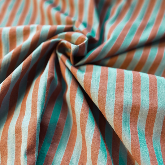 Washed brown and teal yarn dyed stripe cotton fabric 1.25cm stripe 145cm wide — 115gsm woven dressmaking fabric Oeko-Tex certified for handmade blouses dresses and children's clothing