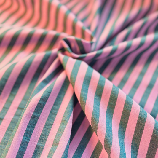 Washed pink and petrol blue yarn dyed stripe cotton fabric 1.25cm stripe 145cm wide — 115gsm woven dressmaking fabric Oeko-Tex certified for handmade blouses dresses and children's clothing