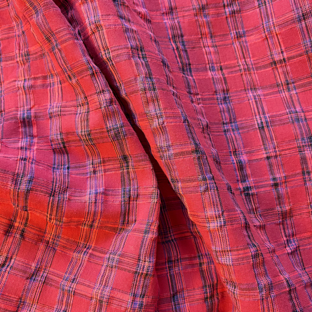 Yarn dyed neon check fabric berry pink and cobalt blue 2cm — Oeko-Tex certified 50% cotton 50% polyester 100gsm lightweight woven for slow fashion dressmaking dresses skirts and blouses